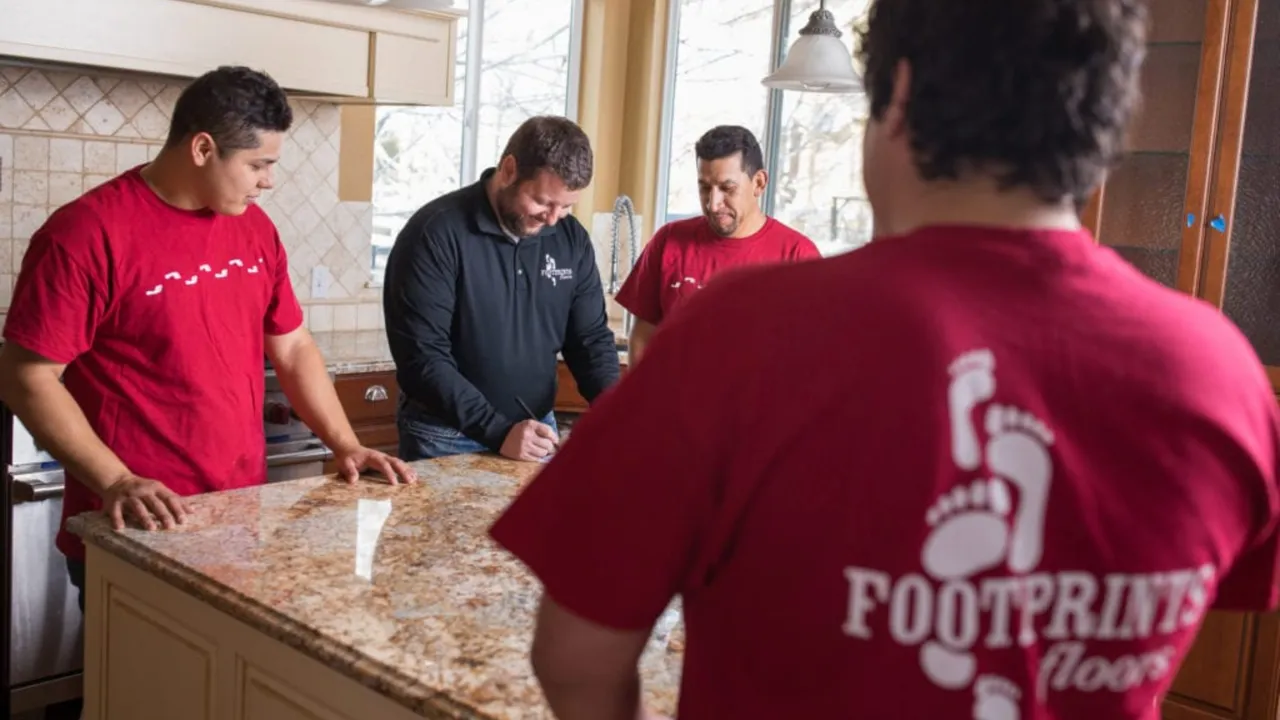 Photo of Footprints Floors team standing around kitchen island alongside CEO Bryan Park