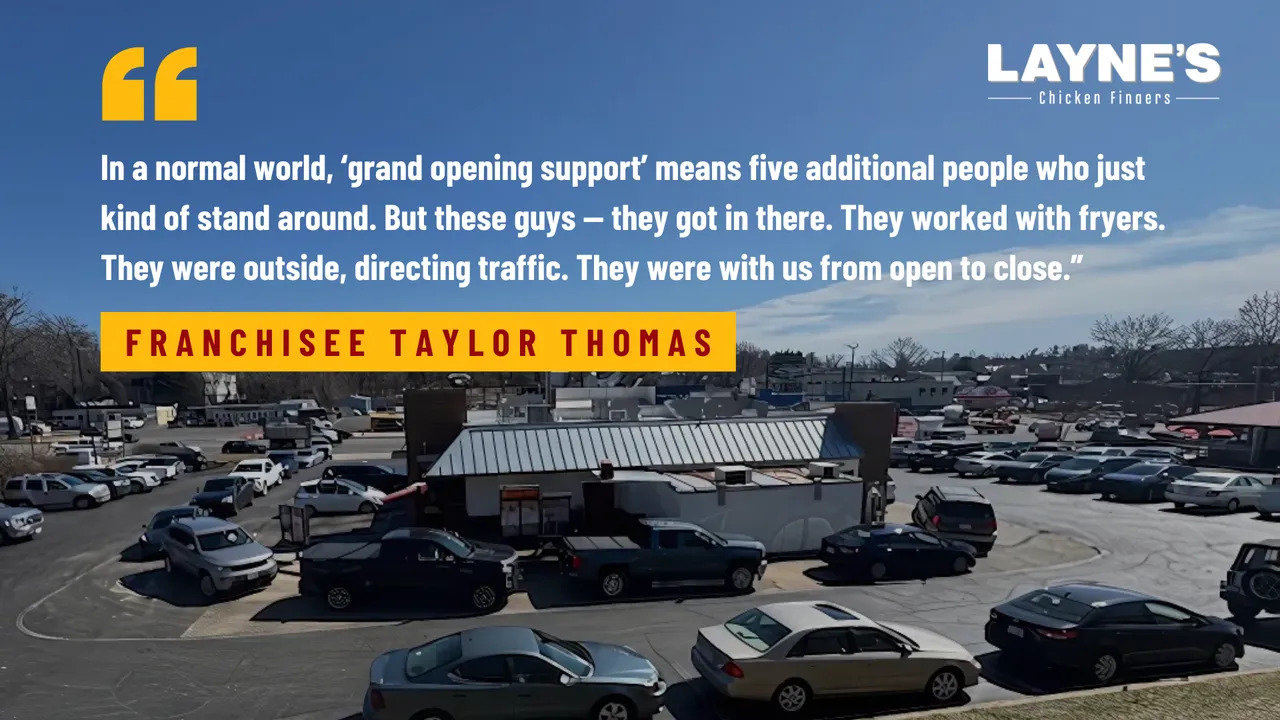 Photo of busy Layne's Chicken Fingers location with franchisee quote about support