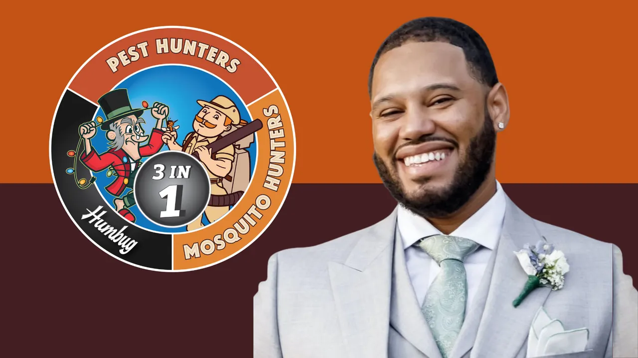 Graphic with Pest Hunters-Mosquito Hunters-Humbug Holiday Lighting logo & Jose Alvarado photo