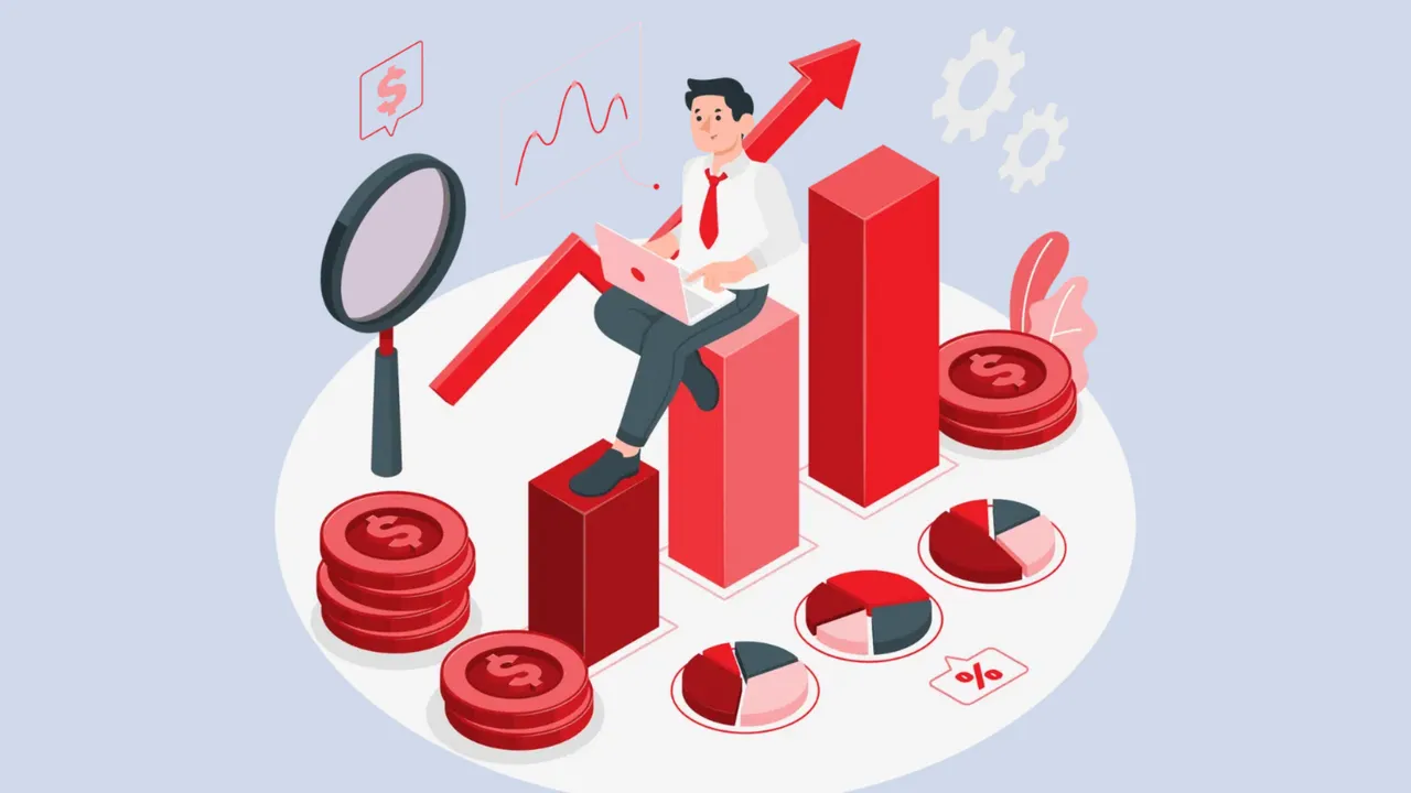 Graphic with person sitting on bar chart, surrounded by coins and pie charts