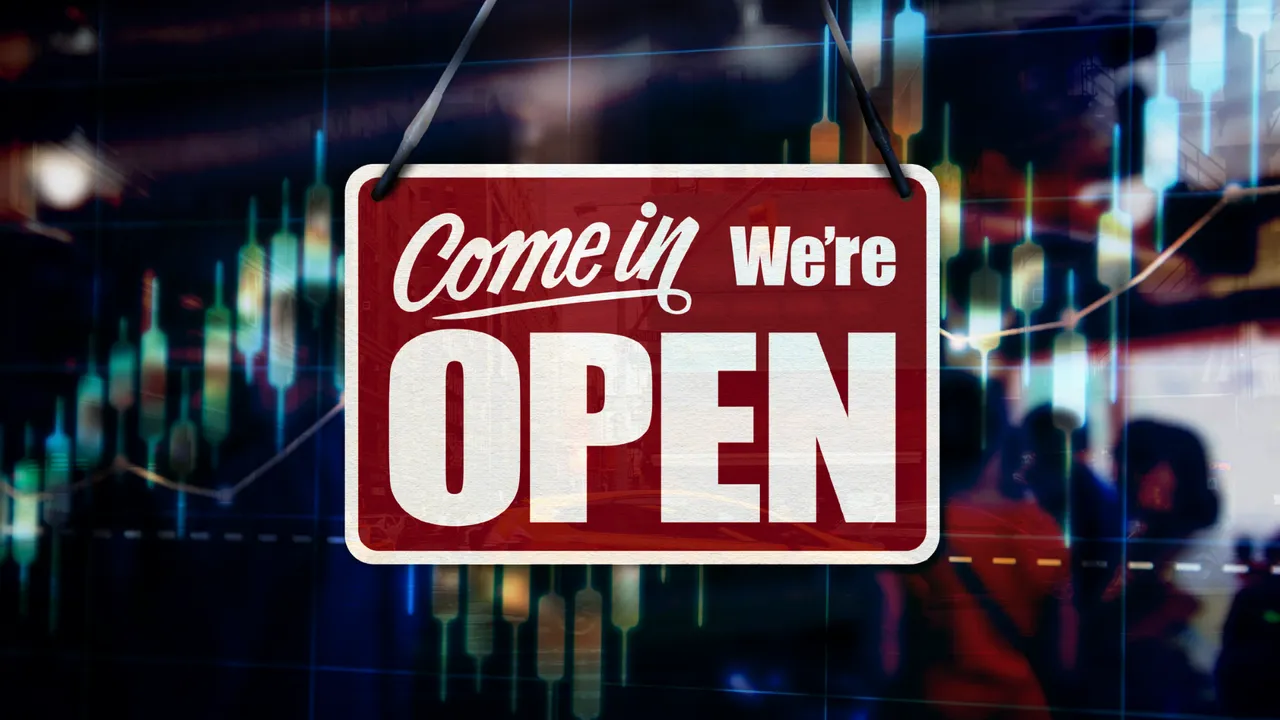 "Come in, We're OPEN" sign against abstract background
