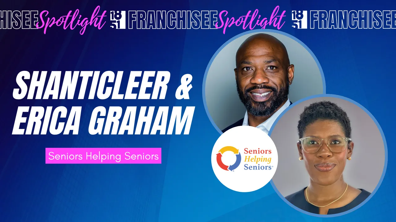 Franchisee spotlight graphic with photos of Shanticleer & Erica Graham, Seniors Helping Seniors logo
