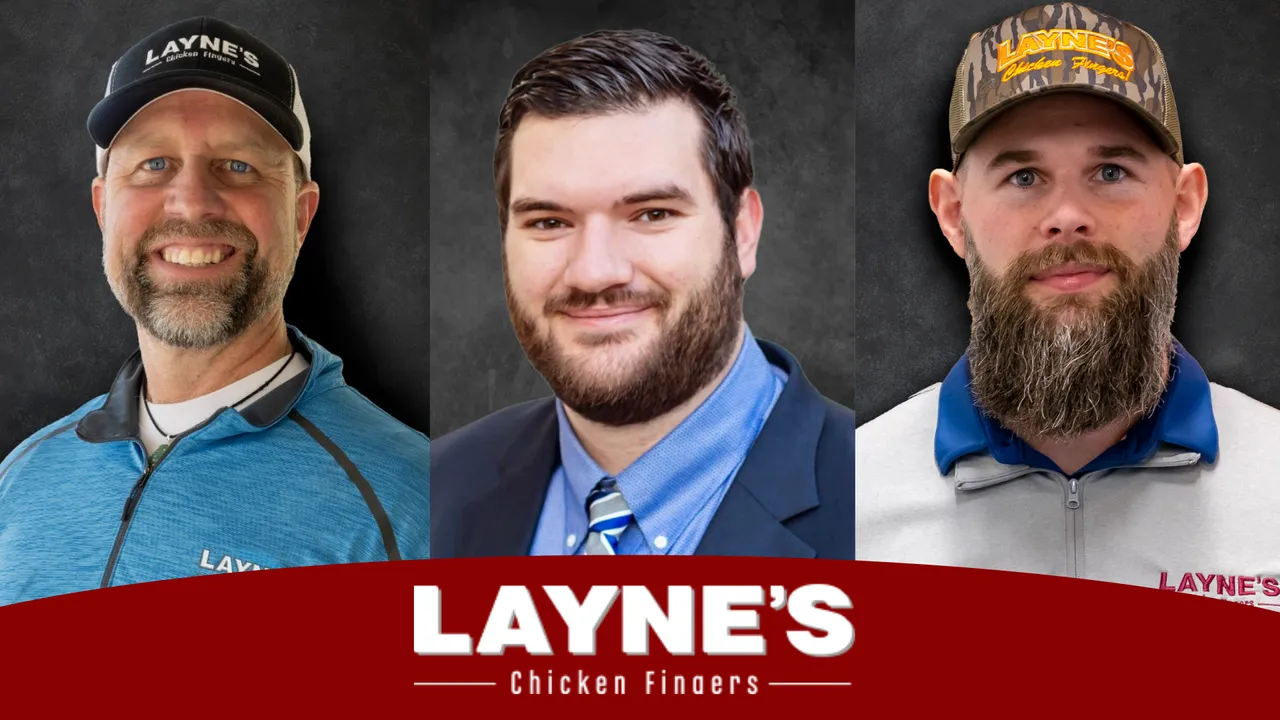 Photo with Layne's Chicken Fingers logo, Eric Reed, Kordell Snyder, and Justin Olivieri