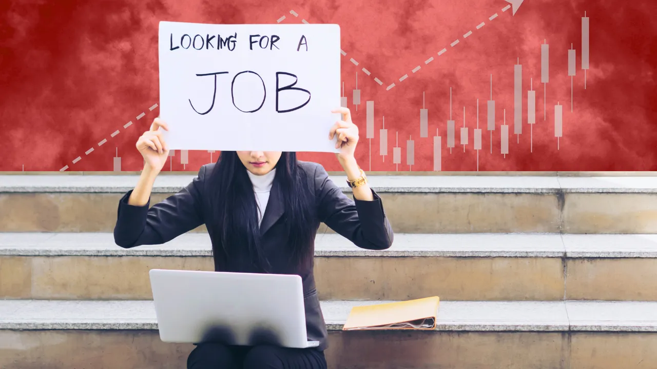 Design with person in blazer, with laptop, holding sign that reads "LOOKING FOR A JOB"
