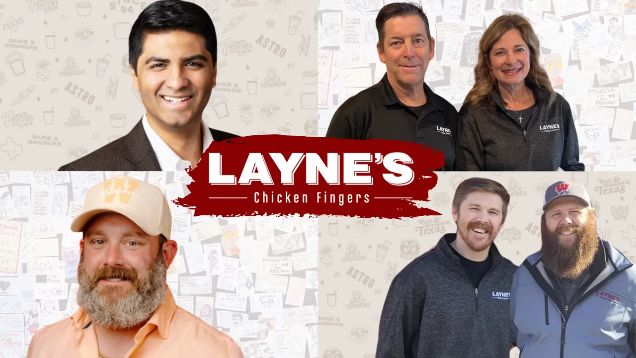 Design with photos of six Layne's Chicken Fingers franchisees and the Layne's logo