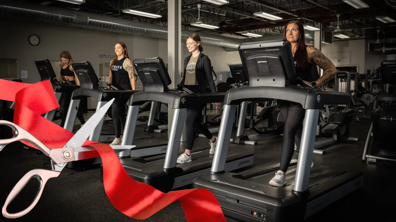 Photo of four people walking on treadmills at Fitness Premier 24/7 Clubs with ribbon cutting graphic