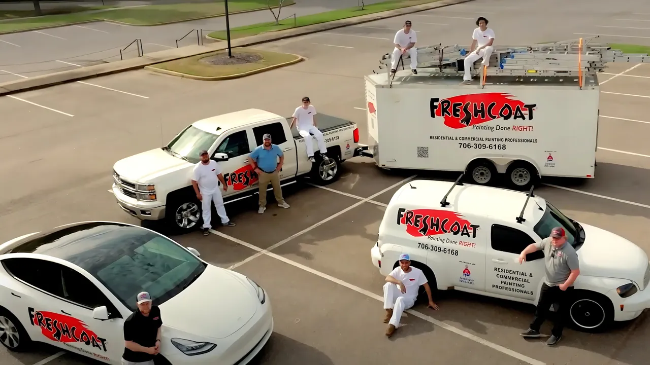 Photo of a group of Fresh Coat vehicles with team members standing around them