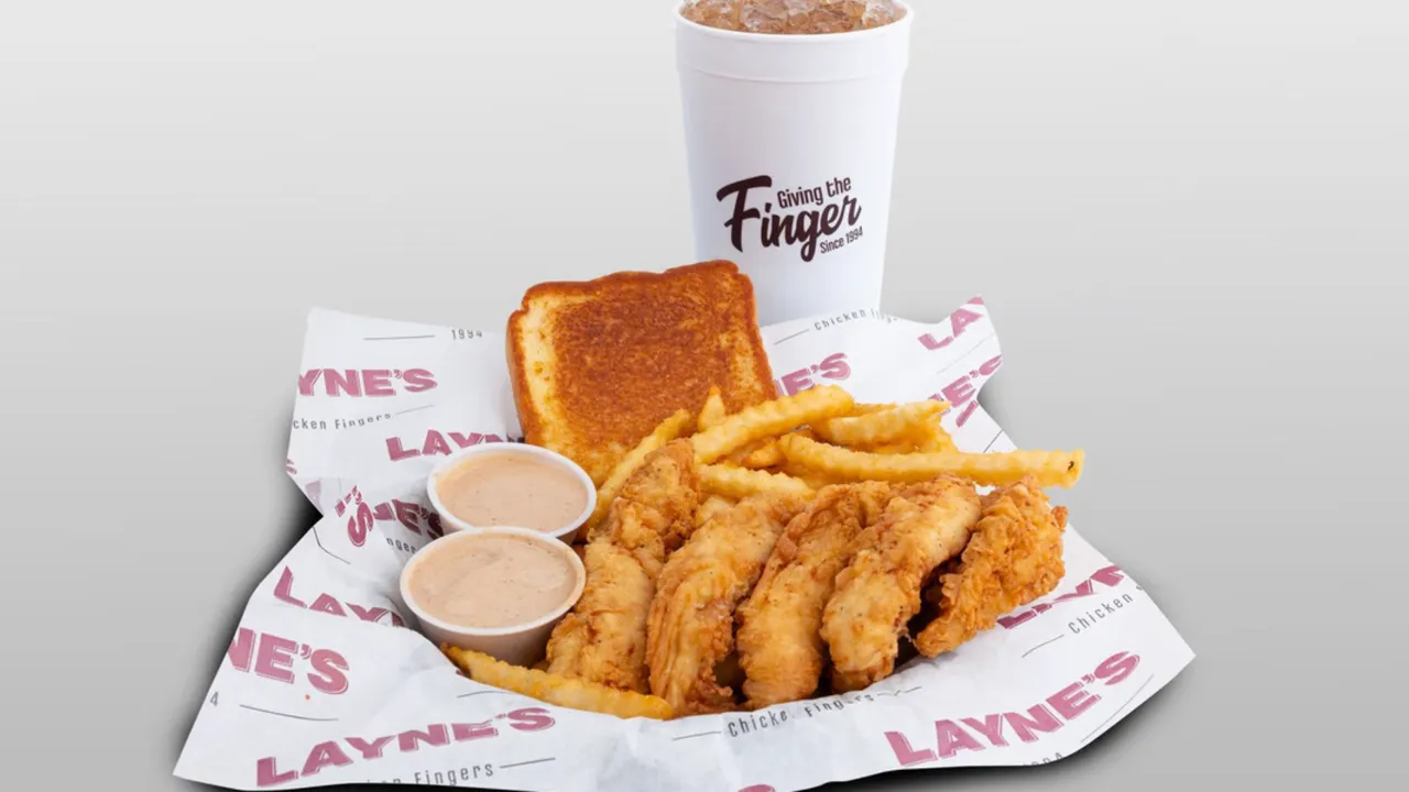 Photo of Layne's Chicken Fingers tender basket and drink