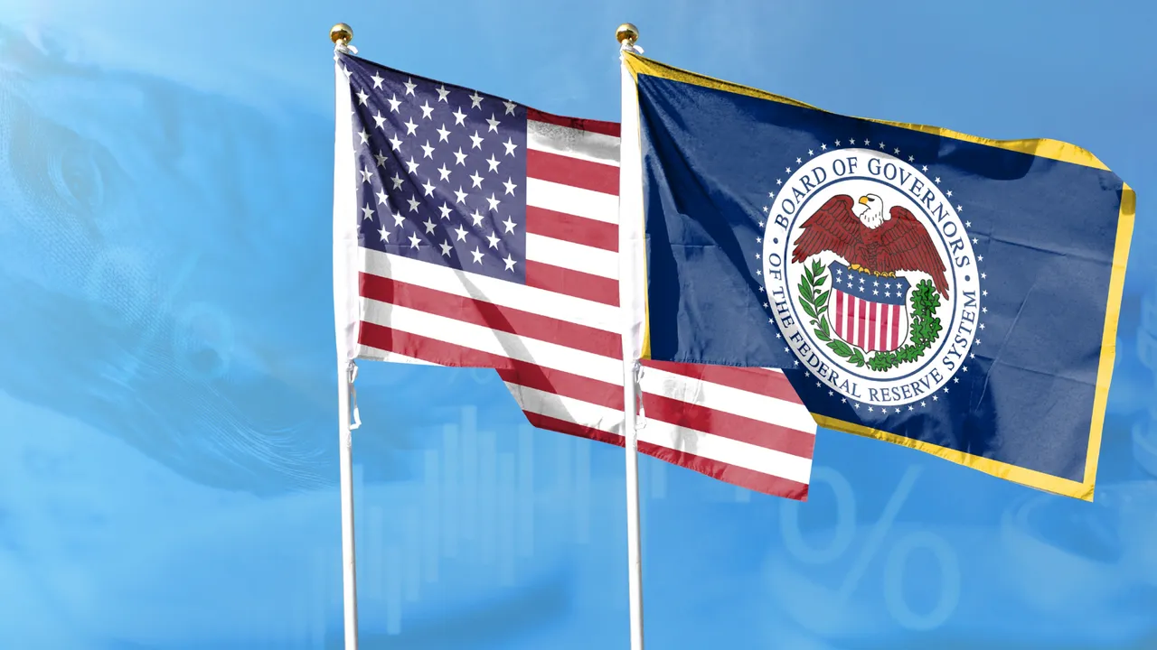Design with American and Federal Reserve flags against light blue background