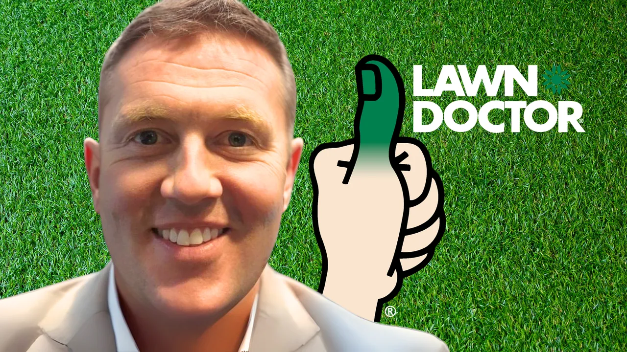 Design with photo of John Perry and Lawn Doctor logo