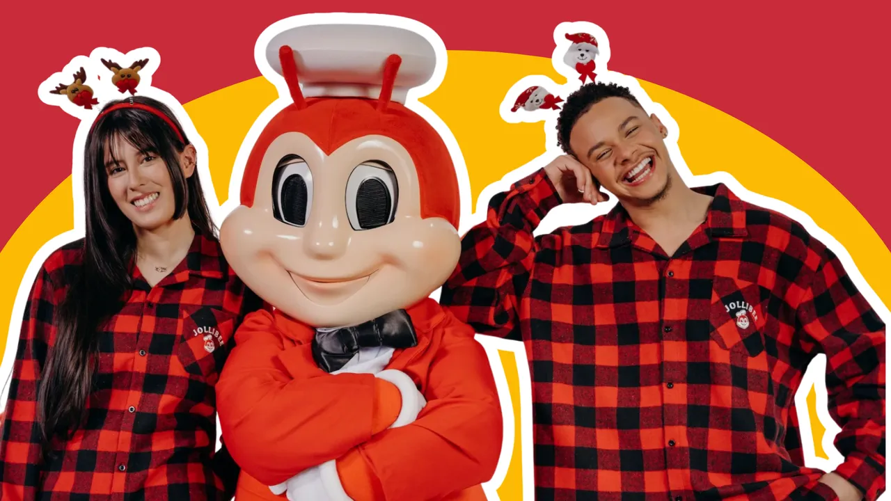 Photo of Jollibee mascot and two smiling people in Jollibee pajamas