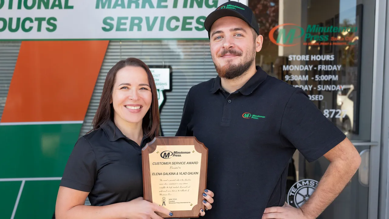 Minuteman Press franchise owners Elena Galkina and her son Vlad Galkin, Santa, Clara, CA.