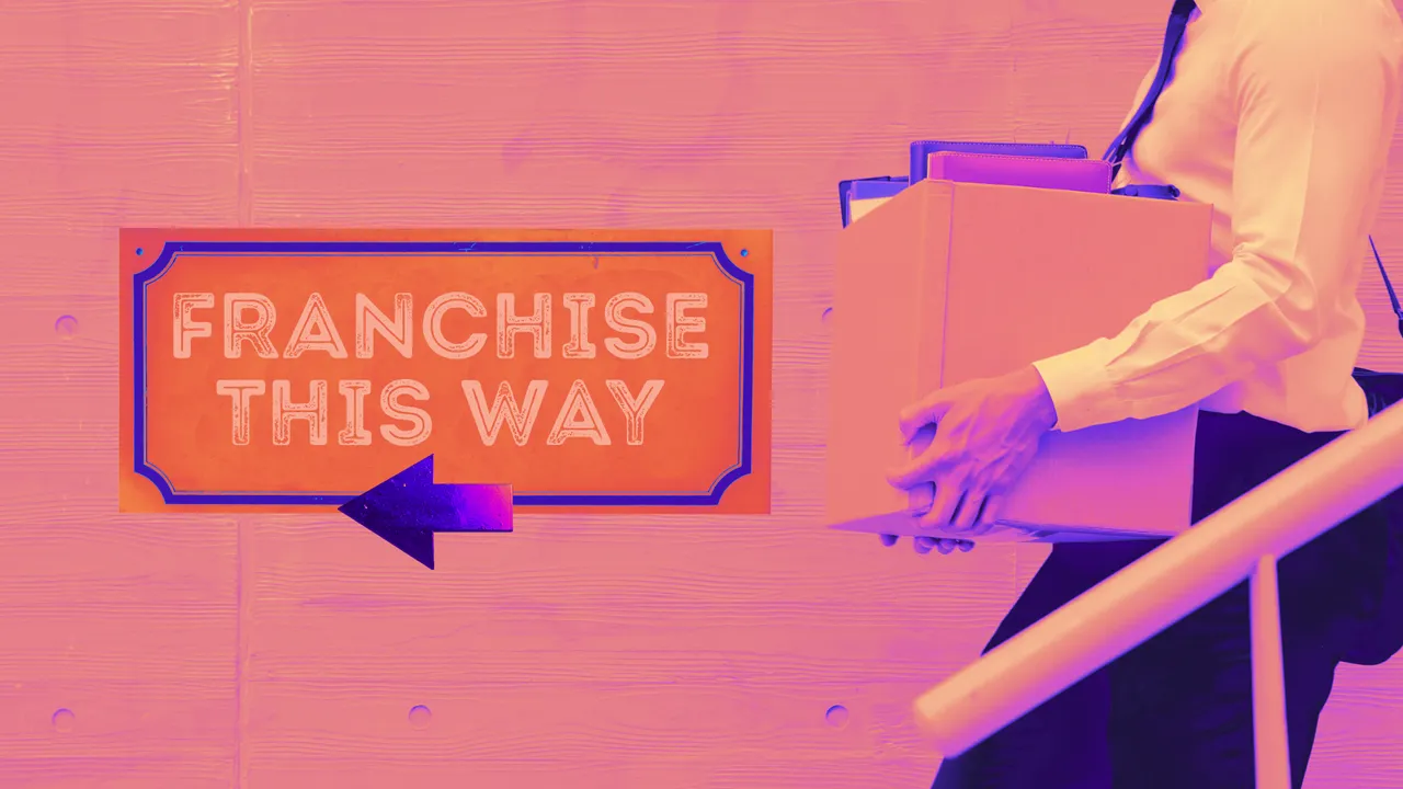 Design with person carrying box of office supplies, "Franchise This Way" sign