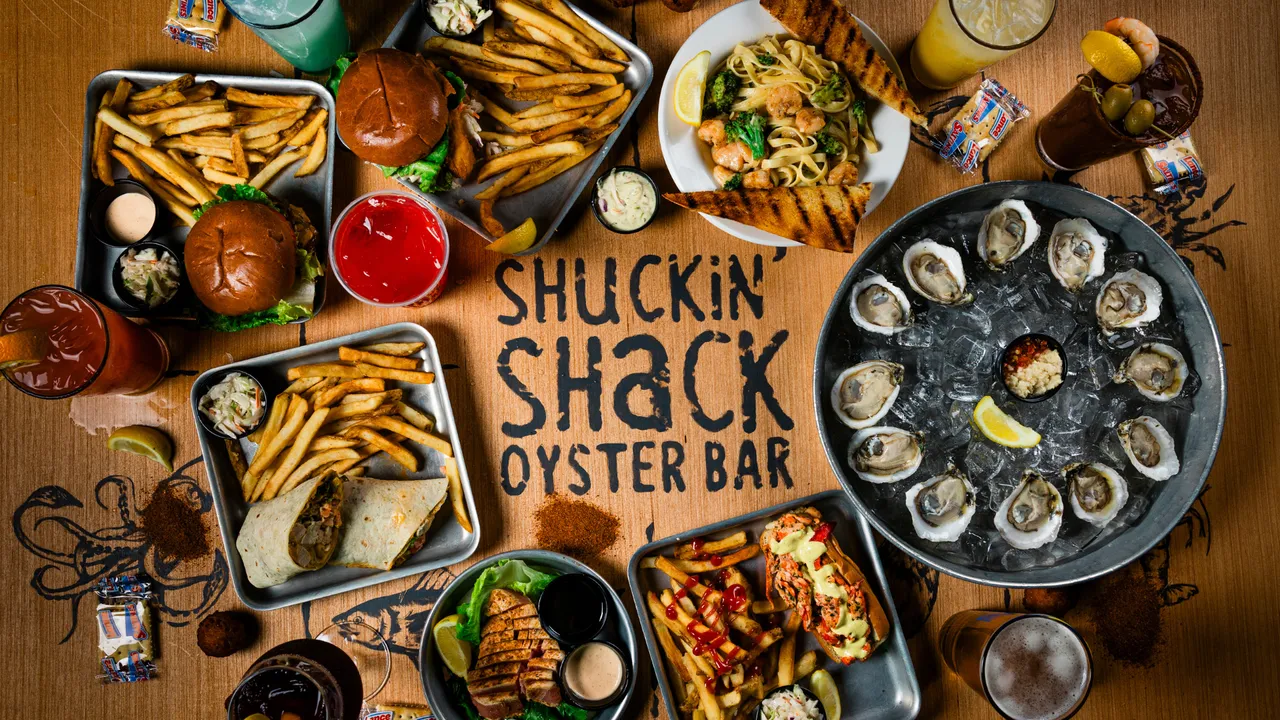 Design with Shuckin' Shack Oyster Bar logo and menu items