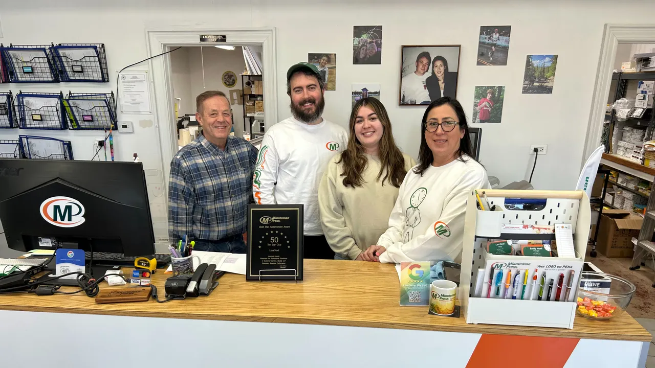 Minuteman Press Franchise, Lyons, IL. L-R: Steve, Devin, Emily Noel (Manager), and Lora Noel (Owner)