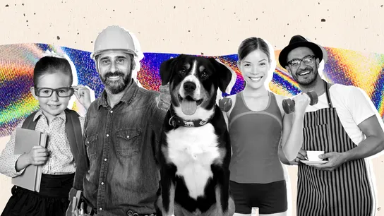 Different franchise categories represented by various people and one awesome dog.