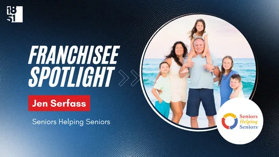 Franchisee spotlight image with photo of Jen Serfass and family, Seniors Helping Seniors logo