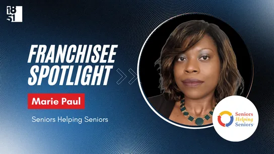 Franchisee spotlight graphic with photo of Marie Paul and Seniors Helping Seniors logo