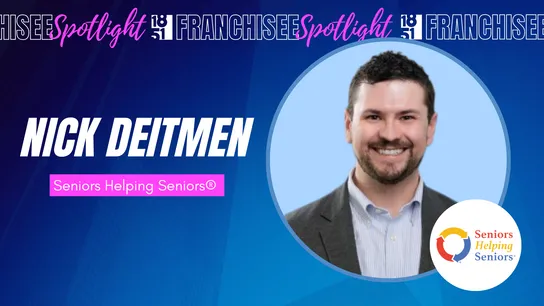 franchisee spotlight graphic with photo of Nick Deitmen and Seniors Helping Seniors logo