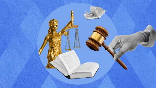 graphic with blue background and various legal elements, including book and gavel, in foreground