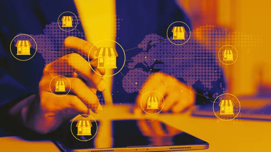Colorful design with illustration of a network of multiple locations