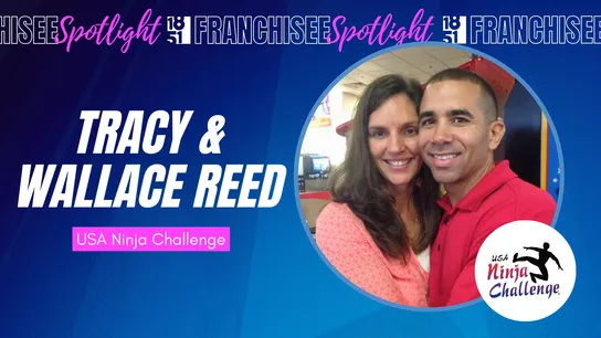 Franchisee spotlight graphic with photo of Tracy & Wallace Reed and USA Ninja Challenge logo