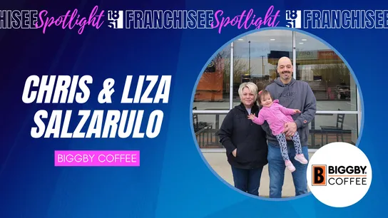 franchisee spotlight graphic with photo of Chris & Liza Salzarulo and BIGGBY COFFEE logo