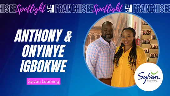 Franchisee spotlight graphic with photo of Anthony & Onyinye Igbokwe and Sylvan Learning logo