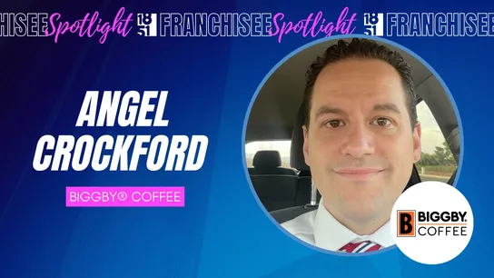 Franchisee spotlight graphic with Angel Crockford and BIGGBY COFFEE logo