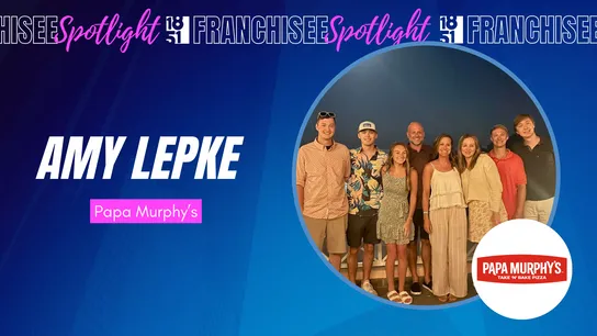 Franchisee spotlight graphic with photo of Amy Lepke and family and Papa Murphy's logo