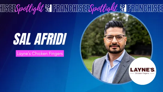 Franchisee spotlight graphic with photo of Sal Afridi and Layne's Chicken Fingers logo