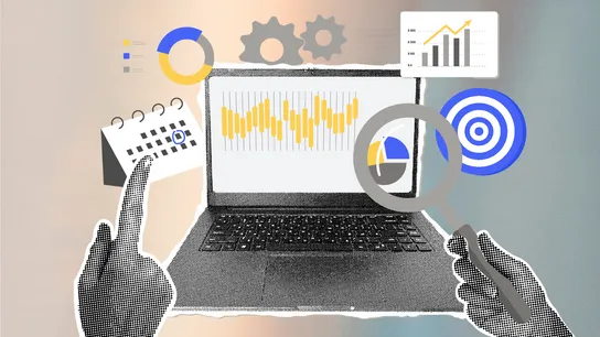 Design with laptop showing charts, bullseye, and magnifying glass