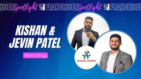 Franchisee spotlight graphic with photos of Kishan & Jevin Patel and Atomic Wings logo