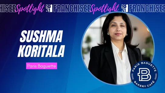 Franchisee spotlight graphic with photo of Sushma Koritala and Paris Baguette logo