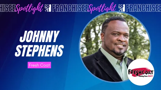 Franchisee spotlight graphic with photo of Johnny Stephens and Fresh Coat Painters logo