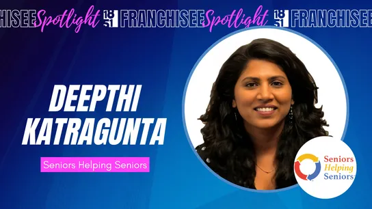 Franchisee spotlight graphic with photo of Deepthi Katragunta and Seniors Helping Seniors logo