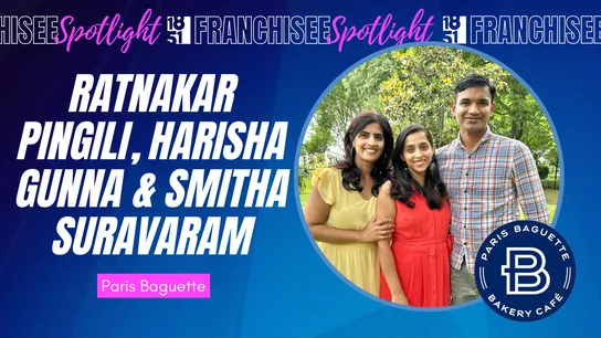 Franchisee spotlight graphic with photo of Ratnakar Pingili, Harisha Gunna and Smitha Suravaram