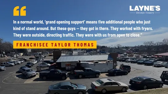 Photo of busy Layne's Chicken Fingers location with franchisee quote about support