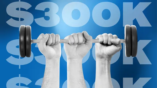 Image of hands holding dumbbells with "$300K" text against blue background