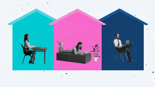 Design with outline of three houses and people working on laptops within them
