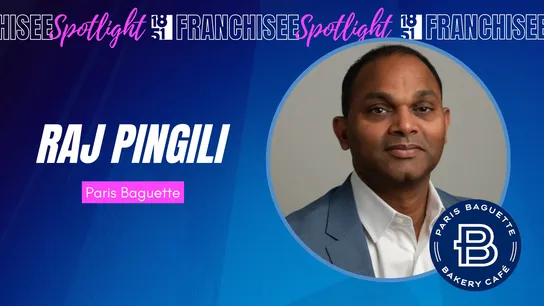 Franchisee spotlight graphic with photo of Raj Pingili and Paris Baguette logo