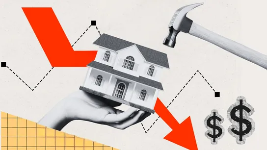 Design with graphic of a home, hammer, dollar signs, and arrows trending down