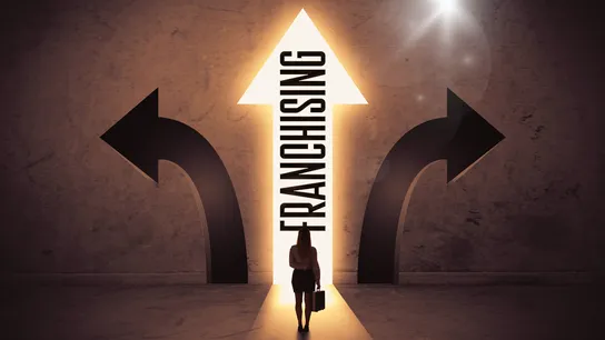 Design with image of person holding briefcase looking at arrow pathways