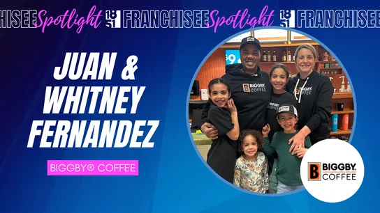 Franchisee spotlight graphic with photo of Juan & Whitney Fernandez & family, BIGGBY COFFEE logo
