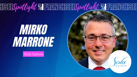 Franchisee spotlight graphic with photo of Mirko Marrone & Sola Salons logo