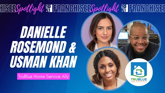 Franchisee spotlight graphic with photos of Danielle Rosemond & Usman Khan & TruBlue logo