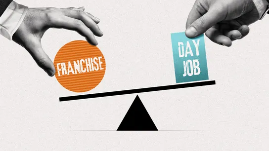 Photo of "franchise" and "day job" balancing on see-saw