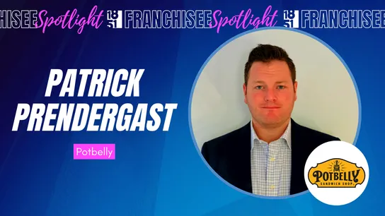 Franchisee spotlight graphic with photo of Patrick Prendergast and Potbelly logo