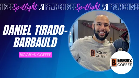Franchisee spotlight graphic with photo of Daniel Tirado-Barbauld and BIGGBY COFFEE logo