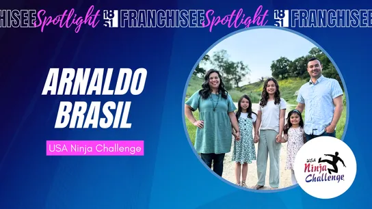 Franchisee spotlight graphic with photo of Arnaldo Brasil and family and USA Ninja Challenge logo